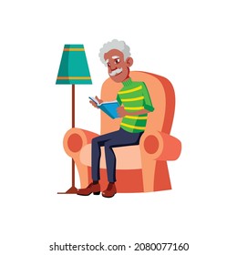 african man pensioner reading book in living room cartoon vector. african man pensioner reading book in living room character. isolated flat cartoon illustration