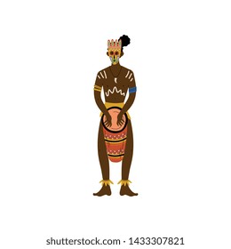 African Man Plating Drum, Male Aboriginal Dressed in Bright Traditional Ethnic Clothing with Painted Face Vector Illustration