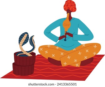 African man playing flute with cobra on rug. Snake charmer performs with serpent outdoors vector illustration.