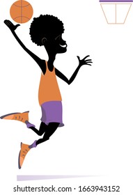 African man plays basketball isolated illustration. Cartoon jumping African basketball player throws the ball into the basket isolated on white
