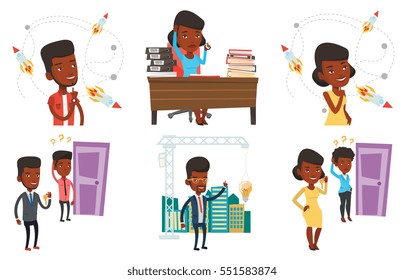 African man pointing at idea bulb hanging on crane. Architect having idea in town planning. Concept of new ideas in architecture. Set of vector flat design illustrations isolated on white background.