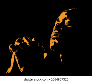 African Man is praying. Silhouette in backlight. Vector. Illustration.