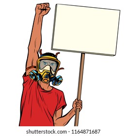 African man protest against polluted air, ecology and environment. isolate on white background. Pop art retro vector illustration vintage kitsch drawing