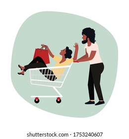 african Man pushing a woman sitting in shopping cart