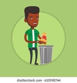 African man putting junk food into a trash bin. Man refusing to eat junk food. Man rejecting junk food. Guy throwing junk food. Vector flat design illustration in the circle isolated on background.