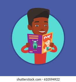 African man reading a magazine. Man standing with magazine in hands. Man holding a magazine. Happy man reading news in magazine. Vector flat design illustration in the circle isolated on background.