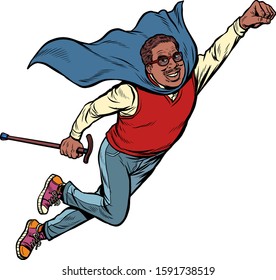 african man retired superhero. Health and longevity of older people. Pop art retro vector illustration drawing vintage kitsch