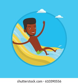 African man riding down a water slide at the aquapark. Man having fun on a water slide in waterpark. Man going down a water slide. Vector flat design illustration in the circle isolated on background.