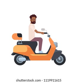 african man riding electric scooter over white background. motorcycle concept. cartoon full length character. flat style vector illustration