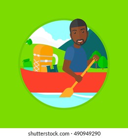 An african man riding in a kayak on the river with a skull in hands and some tourist equipment behind him. Man traveling by kayak. Vector flat design illustration in the circle isolated on background.