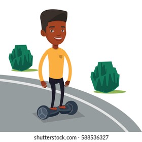 African man riding on self-balancing electric scooter. Young man riding on gyroscooter. Man standing on self-balancing electric scooter. Vector flat design illustration isolated on white background.