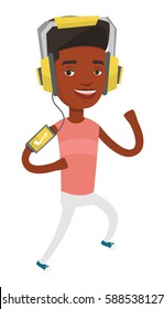 African man running with earphones and armband for smartphone. Man using armband for smartphone. Man running with armband for smartphone. Vector flat design illustration isolated on white background.