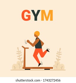African man running on treadmill vector flat style. Running track. Treadmill running. Treadmill workouts. Runner doing sports activities. Young man walking on a treadmill. Workouts concept