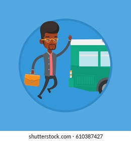 African man running for outgoing bus. Businessman running to catch bus. Man chasing a bus. Latecomer man running to reach a bus. Vector flat design illustration in the circle isolated on background.
