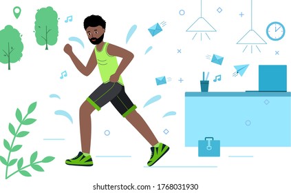 African Man runs away from work to the Park. Run in the woods or Park. The concept of rest from work. Time to rest. Vector illustration in modern flat style.