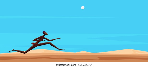 African man runs through a desert landscape under a white sun. stylized vector illustration