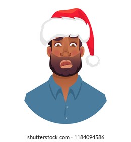 African man in a Santa Claus hat. Portrait of African american man. African american man face expression. Human emotions icon. Set of cartoon vector illustrations.