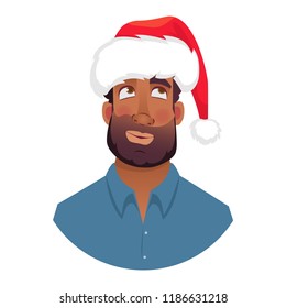 African man in a Santa Claus hat. Portrait of African american man. African american man face expression. Human emotions icon. Set of cartoon vector illustrations.