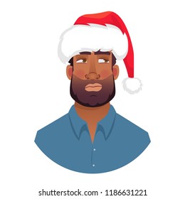 African man in a Santa Claus hat. Portrait of African american man. African american man face expression. Human emotions icon. Set of cartoon vector illustrations.