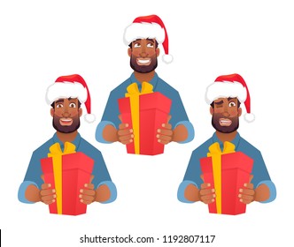 African man in Santa Claus hat. African american man gives a gift. Vector illustration set