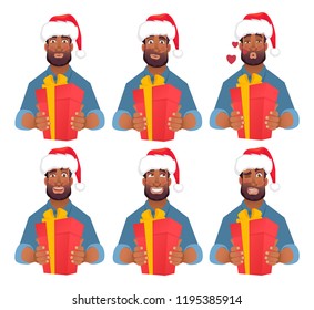 African man in Santa Claus hat. African american man gives a gift. Vector illustration set