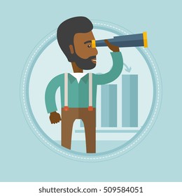 An african man searching opportunities for business growth. Business growth concept. Man with spyglass looking for business growth. Vector flat design illustration in the circle isolated on background