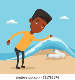 An african man showing plastic bottles under water of sea. Man collecting plastic bottles from water. Water pollution and plastic pollution concept. Vector flat design illustration. Square layout.