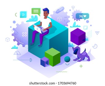 African man sits on the gigantic cube and working with pleasure. Colored illustration with set of social media icons and trendy geometrical shapes, a funny puppy plays with the ball.