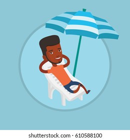 African man sitting in a beach chair. Man resting on holiday while sitting under umbrella on a beach chair. Man relaxing on beach. Vector flat design illustration in the circle isolated on background.