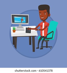 African man sitting at desk and drawing on graphics tablet. Young graphic designer using digital graphics tablet, computer and pen. Vector flat design illustration in the circle isolated on background