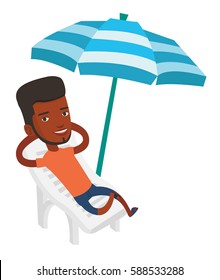 African man sitting on a beach chair. Man resting on holiday while sitting under umbrella on a beach chair. Man relaxing in a beach chair. Vector flat design illustration isolated on white background.