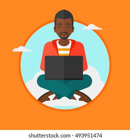 An african man sitting on a cloud with a laptop on his knees. Happy man using cloud computing technology. Cloud computing concept. Vector flat design illustration in the circle isolated on background.