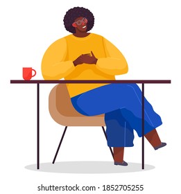 African man sitting at table, black guy wearing glasses, yellow sweater and jeans relaxing at chair near desk, cup with drink, smiling adult with stylish hairstyle, office worker, portrait of student