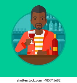 Un hombre africano sentado en la mesa con un vaso y una botella de vino. Hombre tomando vino en el bar. Hombre tomando una copa en la vinoteca. Ilustración de diseño plana vectorial en el círculo aislado en el fondo.
