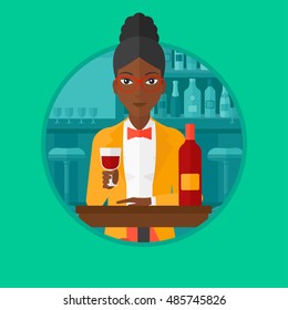 An african man sitting at the table with glass and bottle of wine. Man drinking wine at bar. Man enjoying a drink at wine bar. Vector flat design illustration in the circle isolated on background.