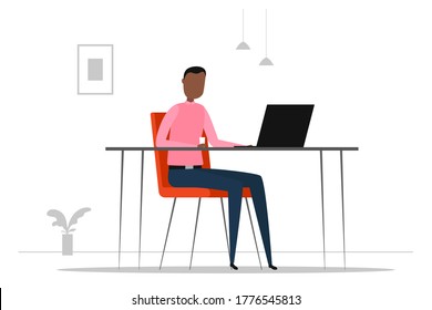 Afrikanischer Mann, der auf dem Laptop sitzt und arbeitet. Cartoon. Vektorgrafik.