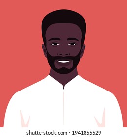 An African man is smiling. An avatar of a happy businessman with a beard. A portrait of a human face. Vector flat illustration