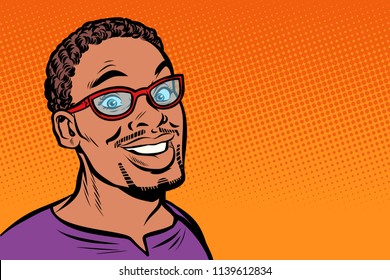 African man smiling. Hipster with glasses. Pop art retro vector illustration kitsch vintage drawing