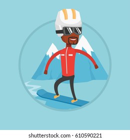 African man snowboarding on the background of mountains. Snowboarder on piste in mountains. Man snowboarding in the mountains. Vector flat design illustration in the circle isolated on background.