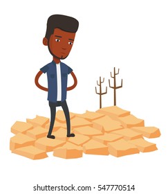 African man standing in the desert. Frustrated man standing on cracked earth in the desert. Concept of climate change and global warming. Vector flat design illustration isolated on white background.