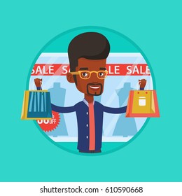 African man standing in front of clothes shop with sale sign. Man holding shopping bags in front of storefront with text sale. Vector flat design illustration in the circle isolated on background.