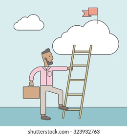 An african man standing and holding the ladder to get the red flag on the cloud. Success career concept. Vector line design illustration. Square layout.
