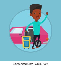 African man standing on the background of car. Man traveling by car. Man waving in front of car. Man going to vacation by car. Vector flat design illustration in the circle isolated on background.