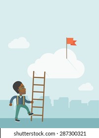 Un hombre africano de pie mientras sostiene la escalera de su carrera para conseguir la bandera roja en la nube. Carrera, concepto de éxito.  Un estilo contemporáneo con una paleta pastel y un fondo suave de tonos azules con