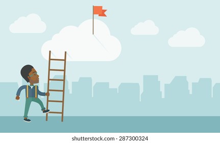 An african man standing while holding the career ladder to get the red flag in the cloud. Career, success concept.  A contemporary style with pastel palette soft blue tinted background with