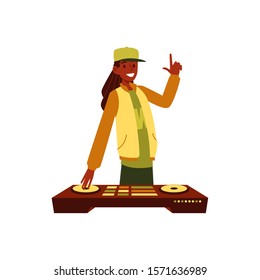 African man stands at DJ console with forefinger up gesture cartoon style, vector illustration isolated on white background. Smiling male in cap playing music on mixing deck