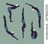 An African man in swimsuit in the swimming pool. Jumping into the water and swimming in the pool. Water sports. Vector flat illustration