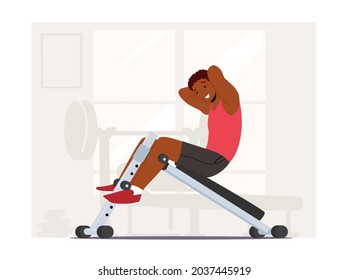 African Man Swinging Press on Decline Bench in Gym. Sportsman Work on Training Apparatus. Male Character Fitness Workout on Weight Loss Machine, Abdomen Exercise. Cartoon People Vector Illustration