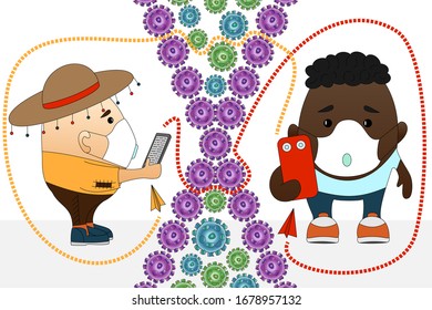 African man talking to an Indian on the phone during an epidemic. Men of different nationalities communicate during the epidemic of the virus. Quarantine people isolation. Preservation of health.