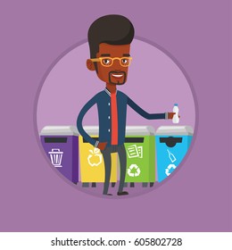 African man throwing away plastic bottle. Man throwing away plastic bottle in an appropriate bin. Concept of waste sorting plastic. Vector flat design illustration in the circle isolated on background